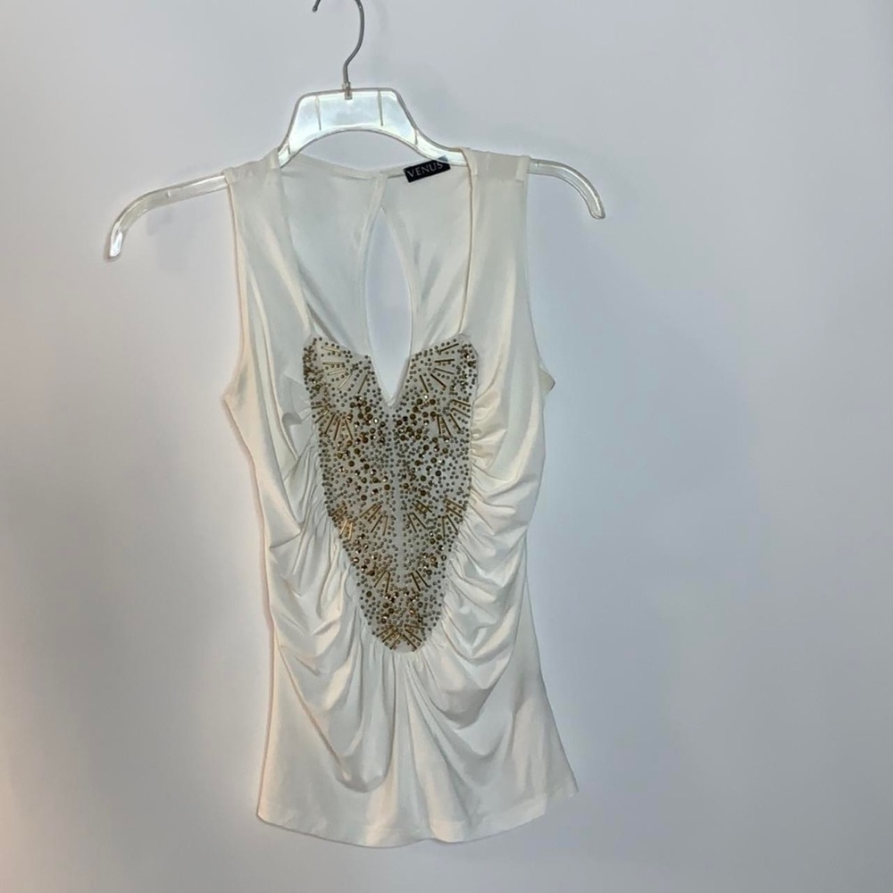 Sleeveless Gold Beaded White Top